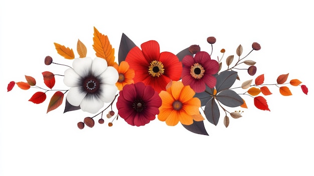 Colorful floral arrangement with various flowers and leaves white isolate background