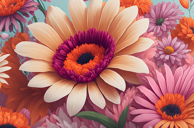 Colorful floral background Template with flowers for greeting card AI