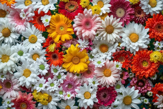 Colorful floral background with chrysanthemums daisies and pink flowers in the center