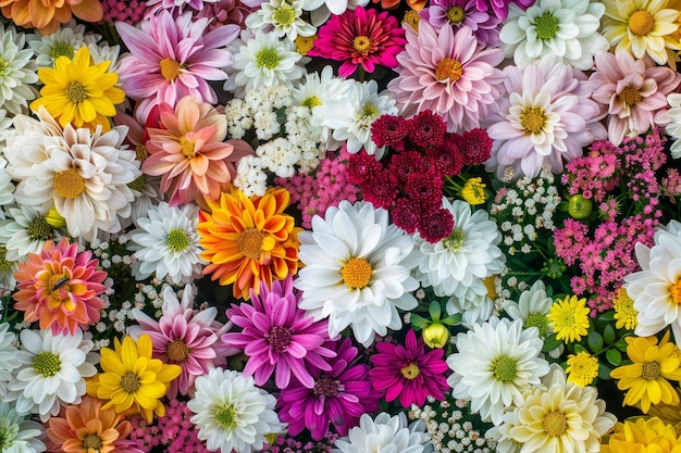 Colorful floral background with chrysanthemums daisies and pink flowers in the center