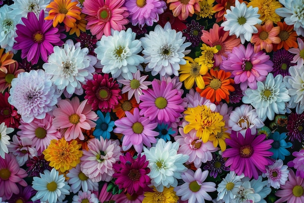 Colorful floral background with chrysanthemums daisies and pink flowers in the center