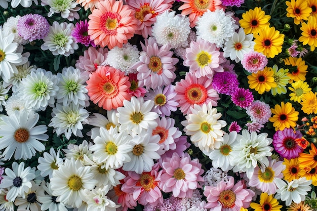 Colorful floral background with chrysanthemums daisies and pink flowers in the center