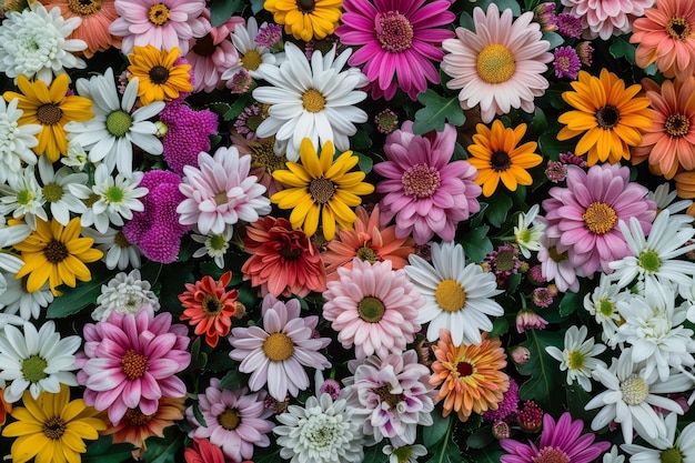 Colorful floral background with chrysanthemums daisies and pink flowers in the center