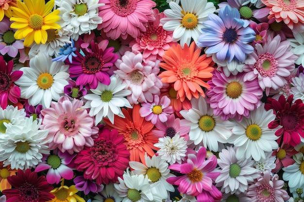 Colorful floral background with chrysanthemums daisies and pink flowers in the center