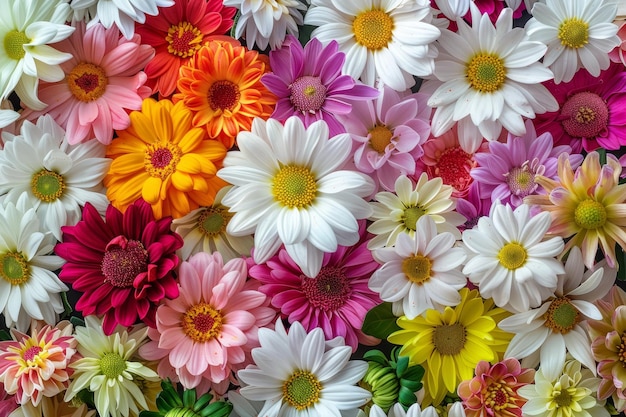 Colorful floral background with chrysanthemums daisies and pink flowers in the center