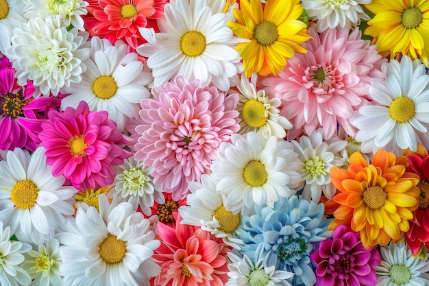 Colorful floral background with chrysanthemums daisies and pink flowers in the center