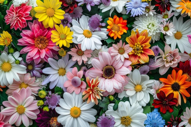 Colorful floral background with chrysanthemums daisies and pink flowers in the center