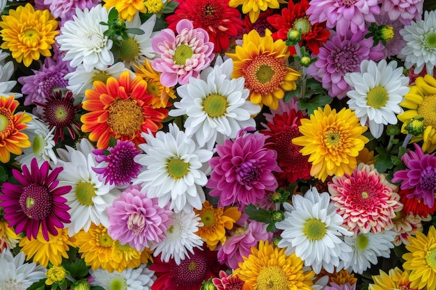 Colorful floral background with chrysanthemums daisies and pink flowers in the center