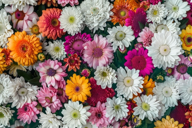 Colorful floral background with chrysanthemums daisies and pink flowers in the center