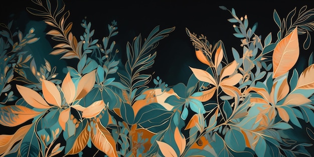 A colorful floral background with leaves and flowers.