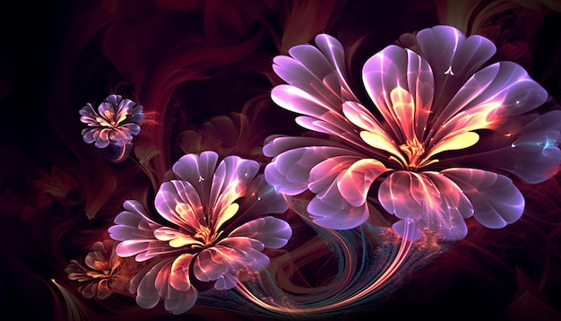 A colorful floral background with a pink flower in the middle.