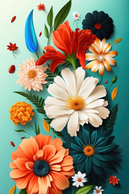 A colorful floral background with a red flower and a blue flower.