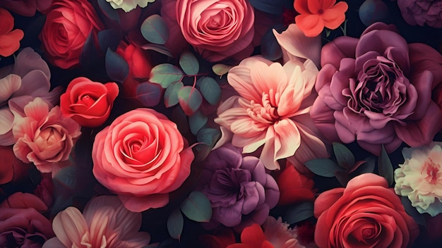 A colorful floral background with a red flower and a green leaf.