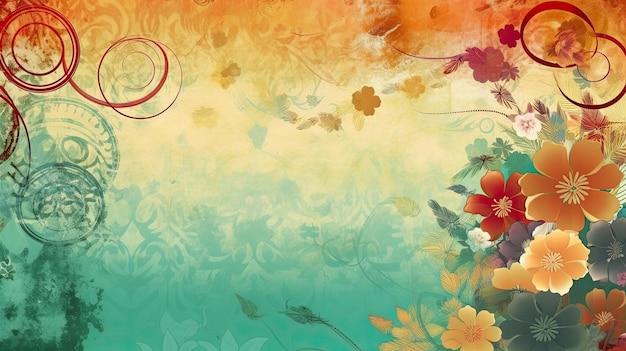 A colorful floral background with a red flower on it.