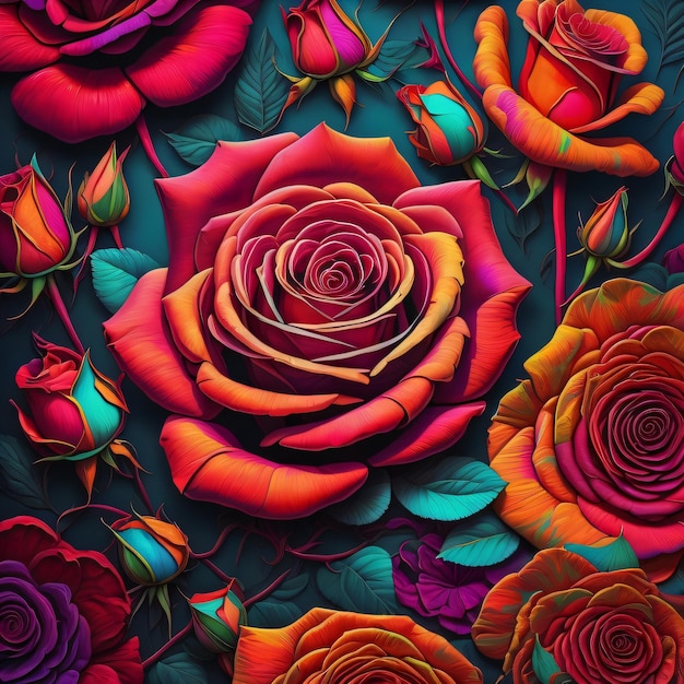 A colorful floral background with a red rose and leaves.