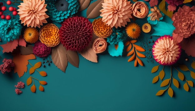 A colorful floral border with paper flowers on a teal background