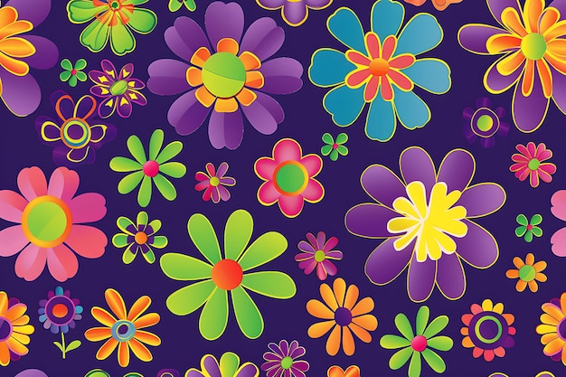 Photo colorful floral cartoon pattern with vibrant flowers