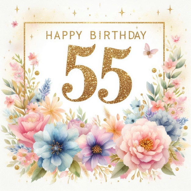 Colorful floral design celebrating a 55th birthday with glittering numbers