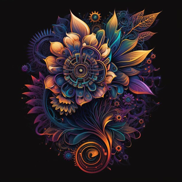 A colorful floral design with a flower in the middle.