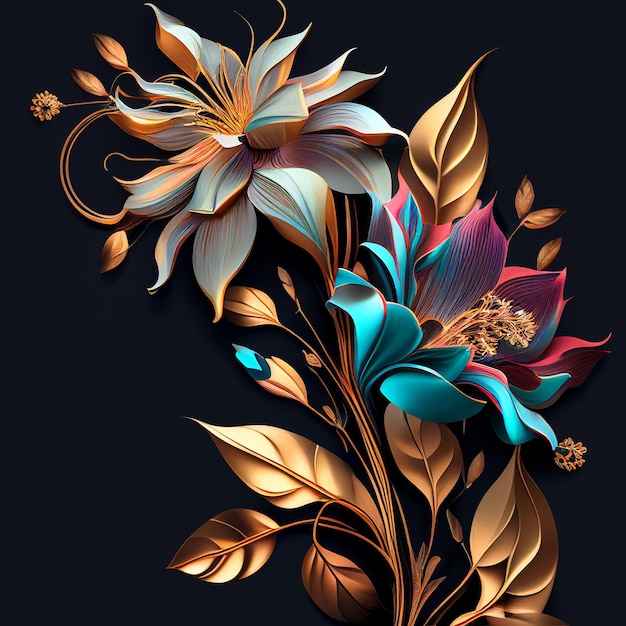 A colorful floral design with gold pink and blue flowers