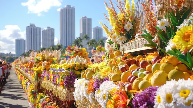 Photo colorful floral display with fruit and cityscape background