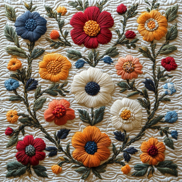 Colorful Floral Embroidery Design on Fabric