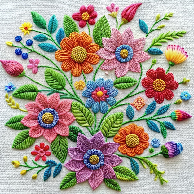 Photo colorful floral embroidery design featuring various flowers and leaves generative ai