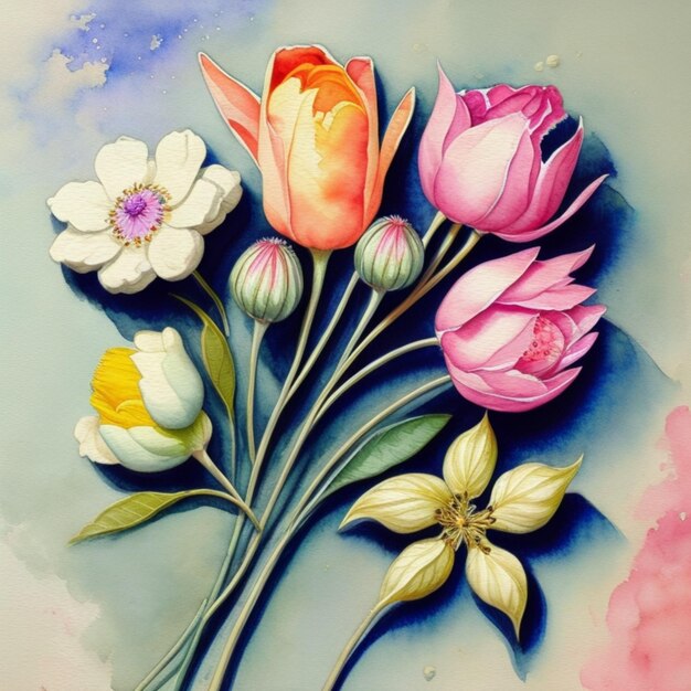 colorful floral flowers in a watercolor style drawn on a textured background in matte pastel colors