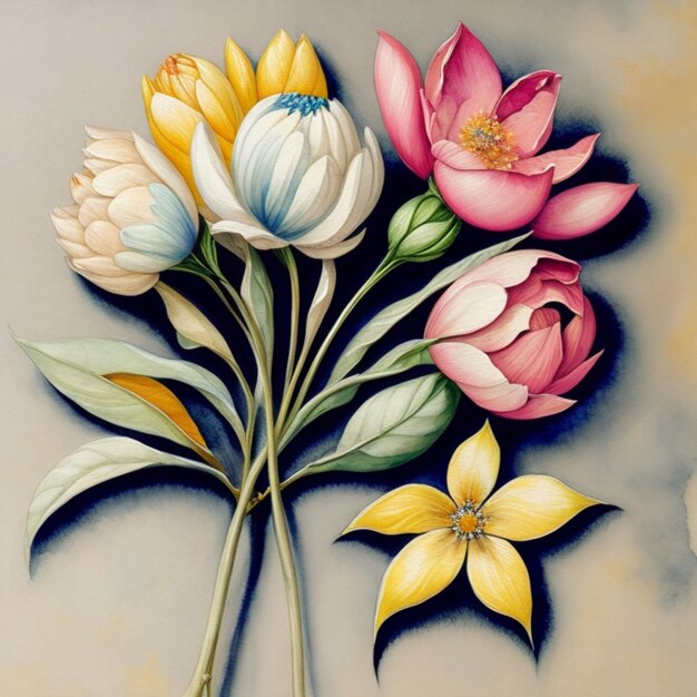 colorful floral flowers in a watercolor style drawn on a textured background in matte pastel colors