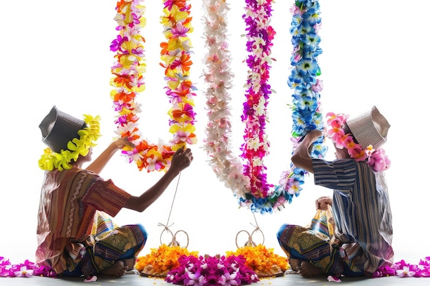 Colorful Floral Garlands and Traditional Handicrafts for Songkran by Thai Street Vendors Presented on White Background