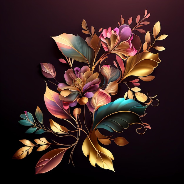 A colorful floral illustration with gold, pink, and blue flowers.