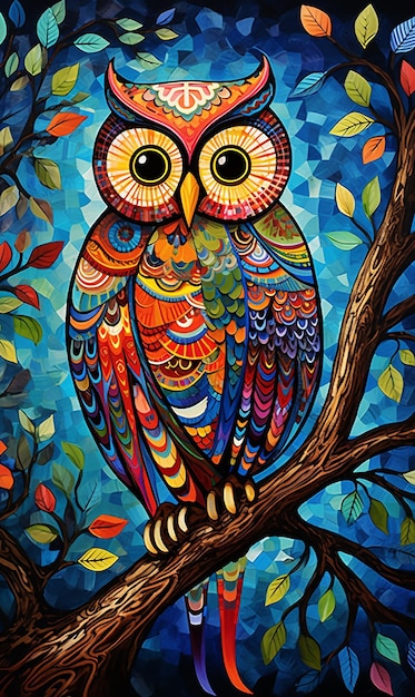 Colorful Floral Owl on Abstract Poster Style Naive Art