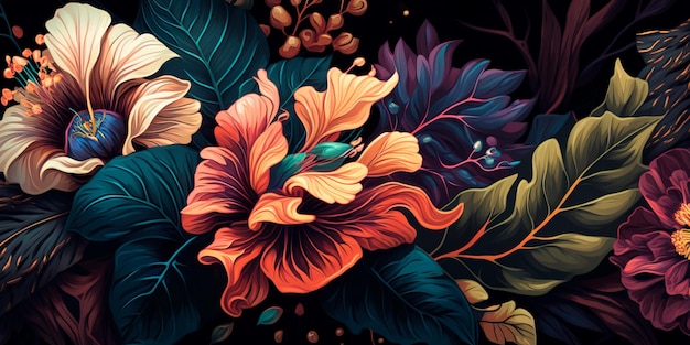 A colorful floral pattern on a dark background Generative AI