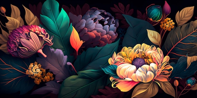 A colorful floral pattern on a dark background Generative AI