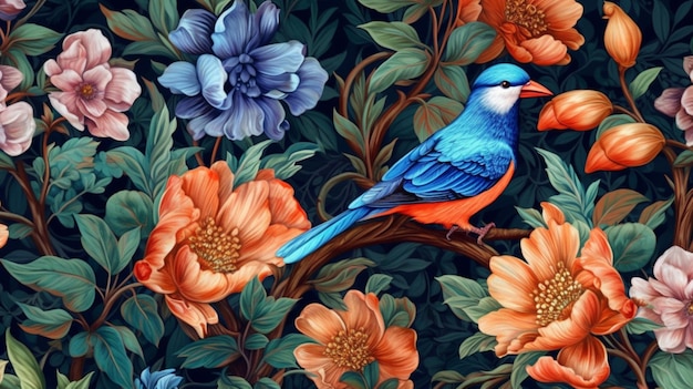 A colorful floral pattern with a blue bird