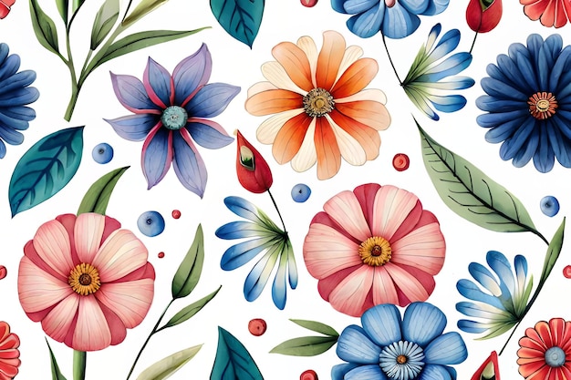 A colorful floral pattern with blue, red, and orange flowers.