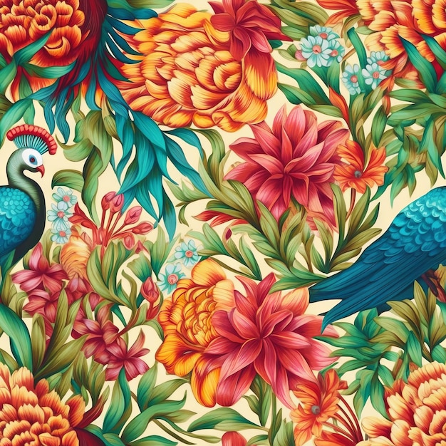 A colorful floral pattern with a blue and yellow peacock and a red flower.