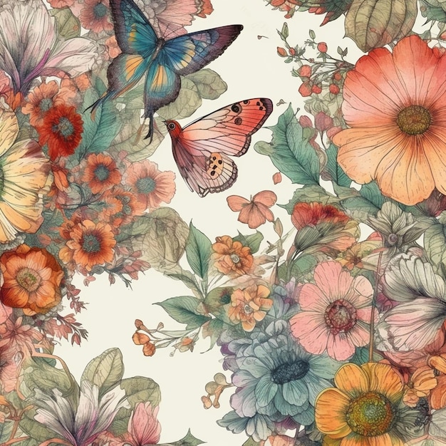 A colorful floral pattern with butterflies and flowers.