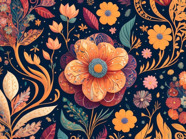 A colorful floral pattern with a flower on a dark background.