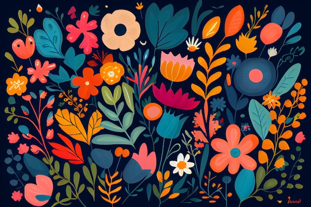 A colorful floral pattern with flowers on a dark background.