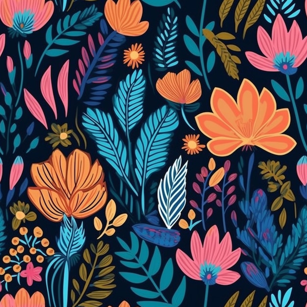 A colorful floral pattern with flowers and leaves.