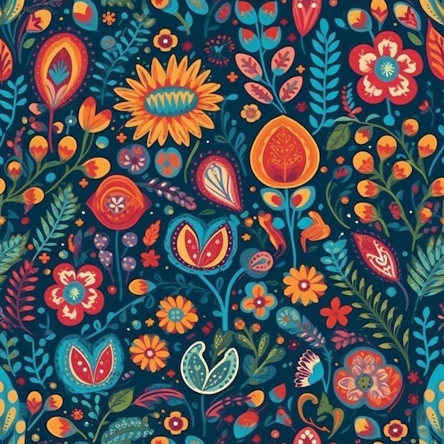 A colorful floral pattern with flowers and leaves.