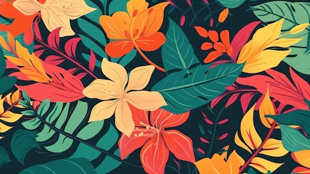 A colorful floral pattern with leaves and flowers.