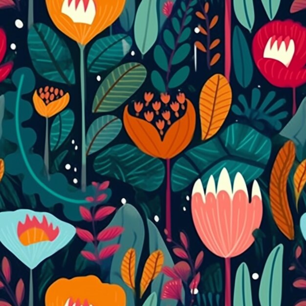 A colorful floral pattern with lots of leaves and flowers generative ai