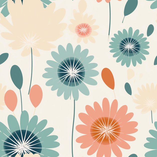 A colorful floral pattern with orange, blue, and green flowers.