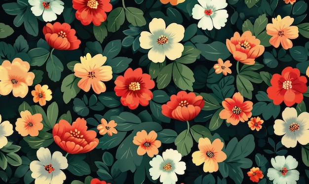 a colorful floral pattern with orange and white flowers on black background