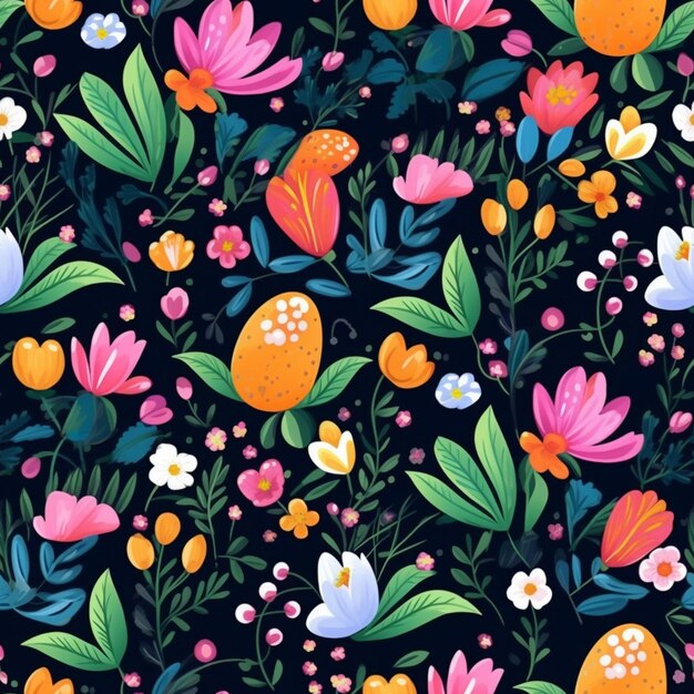 A colorful floral pattern with orange and yellow flowers and orange eggs.