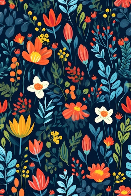 A colorful floral pattern with orange, yellow, and white flowers.