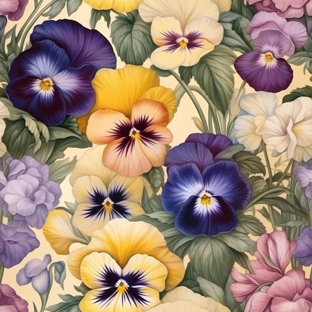 A colorful floral pattern with pansies on a beige background.