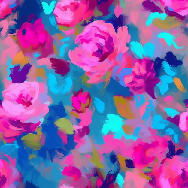 A colorful floral pattern with pink roses.